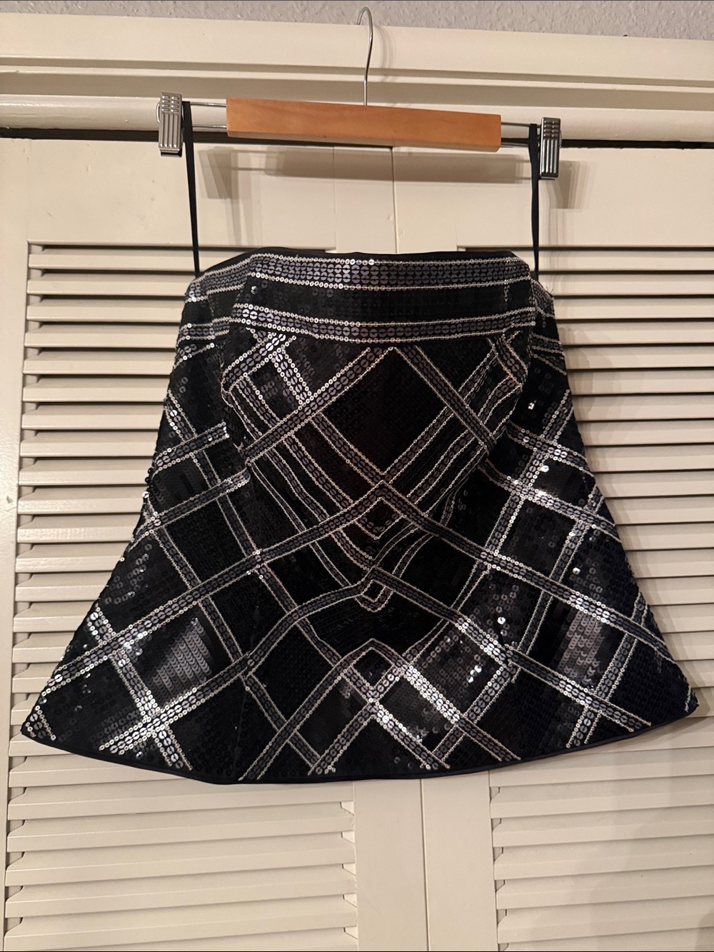 White House Black Market Black Mini Skirt with Silver Sequin Geometric Pattern